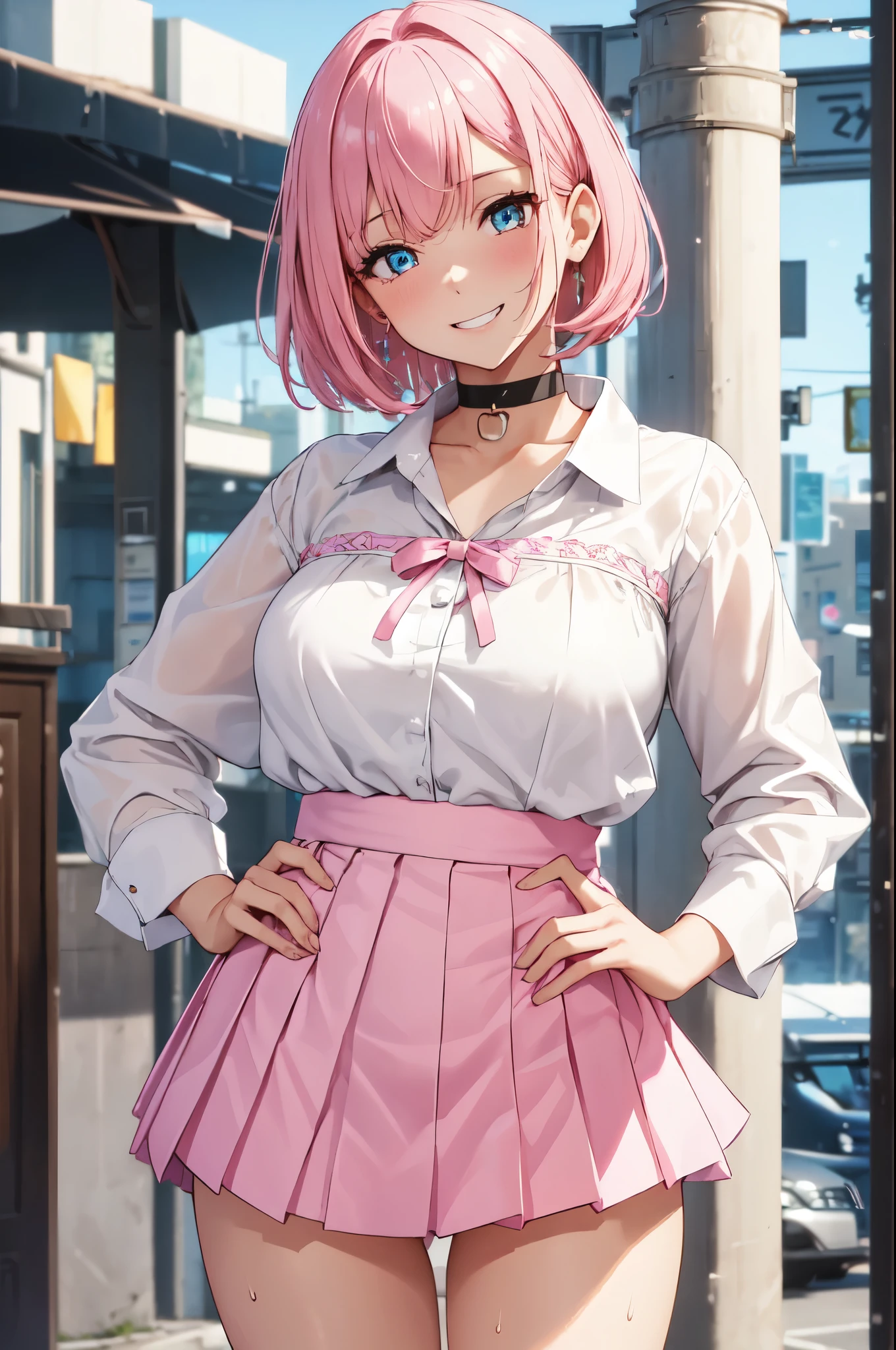 1 girl, 22 years old, short pink hair, Japanese anime style, smile, in the evening, collared long sleeved shirt, pleated skirt, pink long sleeved collared shirt