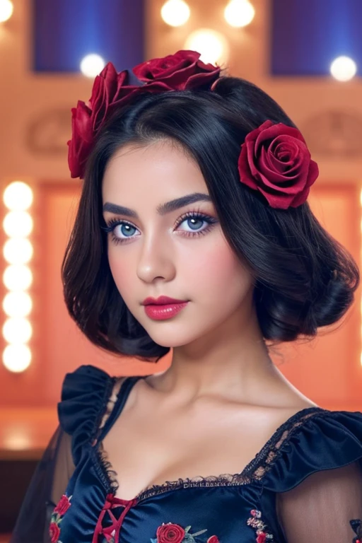 face close up, (masterpiece, best quality:1.2), (1girl, solo), Spanish girl, 20years old, upper body, rose hair ornament, black hair, deep blue eyes, rose lips, (dance costume, rose embroidery), holding maracas, flamenco stage, eyes hook the soul seduces you, looking at viewer,