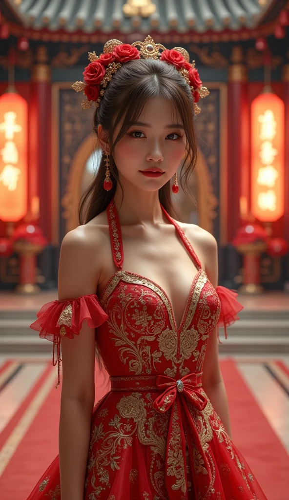 masterpiece, top quality, 8K, professional lighting, photon mapping, radiosity, physically based rendering, 1 girl, wuxi 1 girl, solo, ornaments, full body, absurdity, high resolution, skyline, beautiful detailed sky, covered, pleated skirt, elegant, haufu,