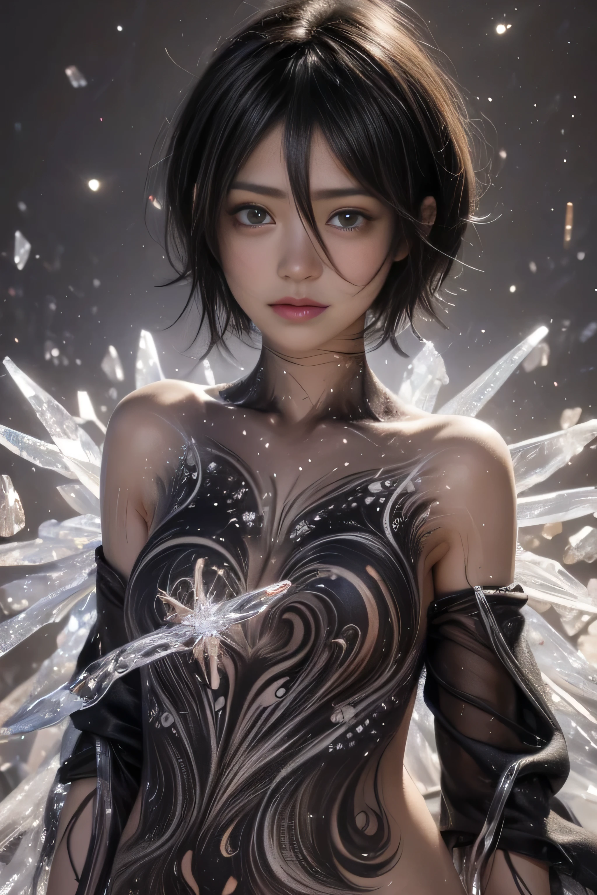 masterpiece, best quality, (realistic,photo-realistic:1.4), (RAW photo:1.2), extremely detailed CG unity 8k wallpaper, delicate and beautiful, amazing,finely detail, official art, absurdres, incredibly absurdres, huge filesize, ultra-detailed,extremely detailed eyes and face,light on face,rukia,(little smile),(black hair:1.4),(short hair:1.6),(nude body painting:1.5),(ice crystal background1.3)