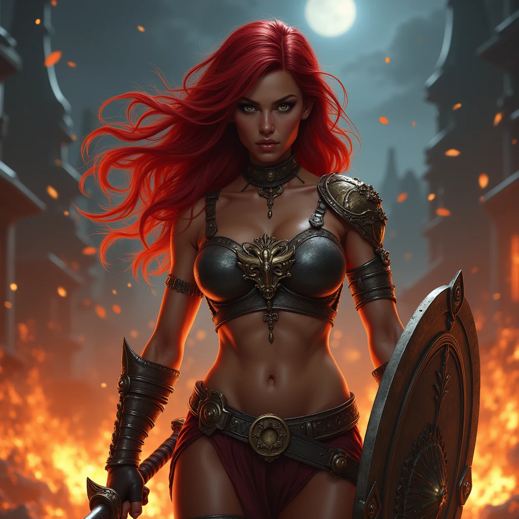 (redhead:1.1, costume:1.2, sexy warrior princess, fierce demeanor, flowing red hair, breathtaking beauty, seductive aura, strong and confident, striking pose, powerful stance, fierce eyes, passionate spirit, big, Well-defined muscles , armored bikini set, shimmering chain mail, intricate armor details, warrior sword, charismatic presence, fire-like sword strikes, swirling flames, epic battle, mythical background, atmospheric lighting, deep red tones, dramatic shadows, composition dynamic, high-resolution art, art quality, Hyper-realistic style, perfect anatomy, captivating curves, radiant skin tones, seductive smile