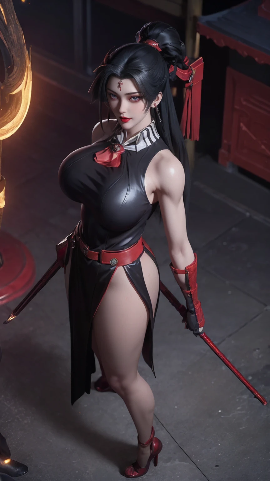 Female Samurai,(CG Mix),Full body photo,solitary,( long black hair ,Red pupils),(Giant fake breasts,Lysis,Chest groove, Radiant Skin ,Muscle Abs:1.3), ( Antique Sleeveless Black Sailor Suit ,Red tie,Black skirt,High heel)( slim figure :1.5), ( Sweaty, Plump Body:1.5),(Weapons in Hand ,Red scabbard, Red Grip Katana ), ( View Audience:1.3),( Night Streets :1), ( surrealism:1.4), ( super detailed), (high quality), ( best shadow ), (masterpiece),  Night Street Lights ,  Super Textured , (4X Multi-Anti-Aliasing), ((  Unreal Engine 5 rendering )),   Physically Based Rendering  ,  Ultra HD, 16K, 1080P.