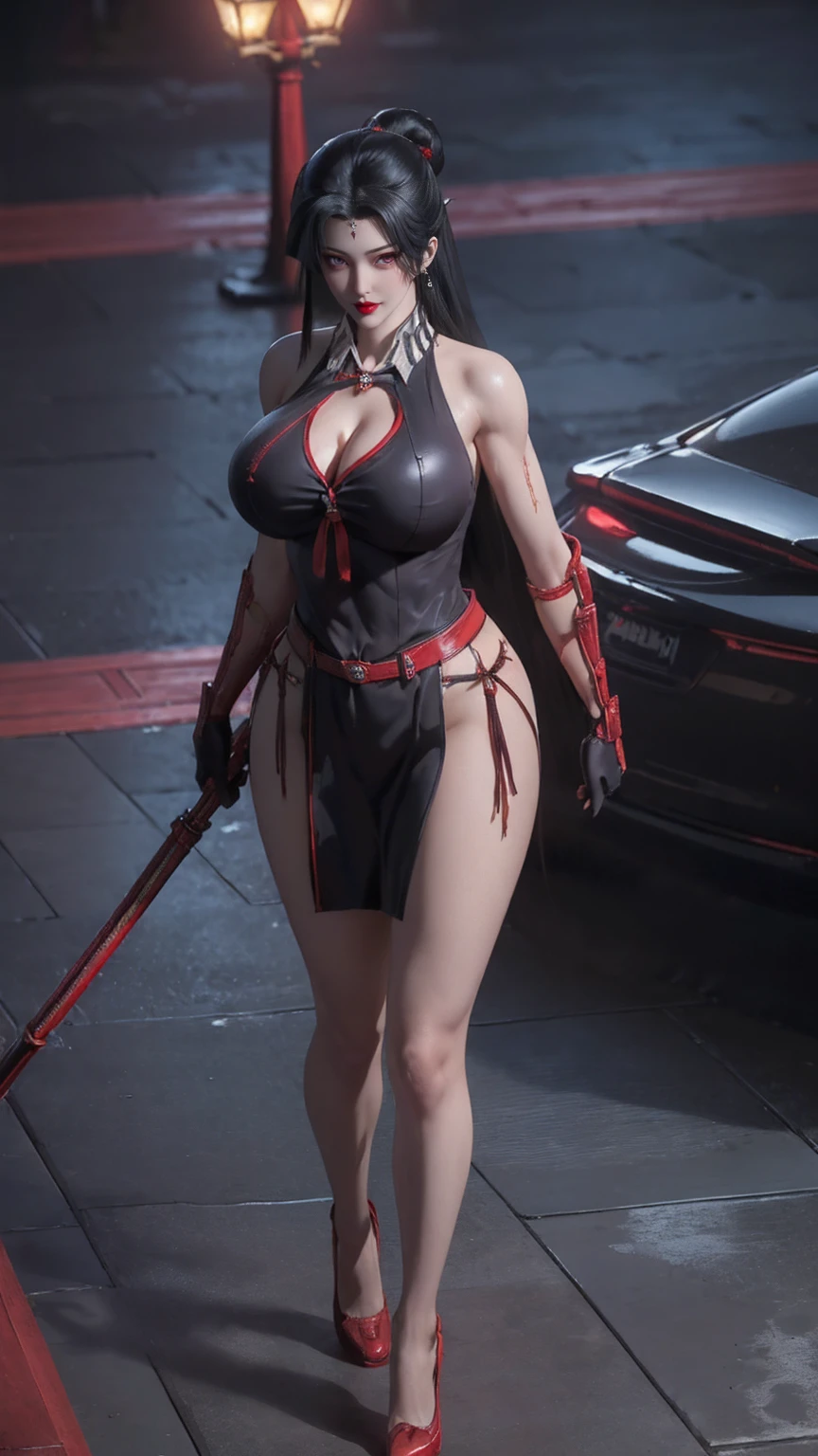 Female Samurai,(CG Mix),Full body photo,solitary,( long black hair ,Red pupils),(Giant fake breasts,Lysis,Chest groove, Radiant Skin ,Muscle Abs:1.3), ( Antique Sleeveless Black Sailor Suit ,Red tie,Black skirt,High heel)( slim figure :1.5), ( Sweaty, Plump Body:1.5),(Weapons in Hand ,Red scabbard, Red Grip Katana ), ( View Audience:1.3),( Night Streets :1), ( surrealism:1.4), ( super detailed), (high quality), ( best shadow ), (masterpiece),  Night Street Lights ,  Super Textured , (4X Multi-Anti-Aliasing), ((  Unreal Engine 5 rendering )),   Physically Based Rendering  ,  Ultra HD, 16K, 1080P.