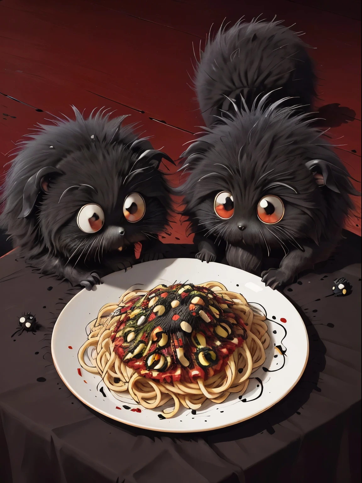 A few confused fluffy little black dusty sootsprites on top of and around (a plate of spaghetti), pasta, (red sauce), basil, on a table, brightly lit, tablecloth, fork, trails of soot, sprinkles of black powder.
fcPortrait, highres, high resolution, detailed, vibrant, colorful,
