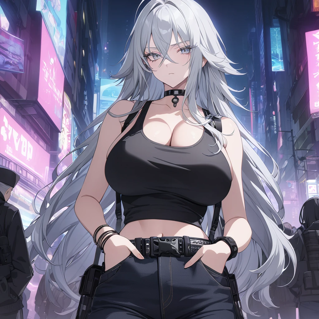 sovetsky_Soyuz, grey hair, long hair, black tank top, tight black jeans, belt, bracelets, midriff, choker, webbed belt, tactical, pouches, Cleavage, large breasts, first rate breasts, grey eyes, sharp eyes, Long eyelashes, eye shadow,  ominous vibe, expressionless, stoic, hands in pocket, Ultra quality, UHD, high detail, anime aesthetic, Anime screenshot, Ultra quality, UHD, high detail. Busy streets, night time, cyberpunk aesthetics, lollipop