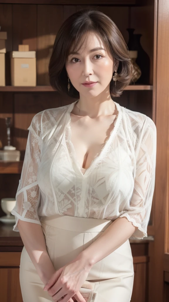 high resolution on down, high resolution on down, Attention to Details, masterpiece, Anatomically Accurate , sharp, (( Japanese Mature)),(80 years old:1.5),(elder:1.4),((Facial wrinkles)), white skin, long light brown hair , bangs,(((stand up,))),View Photographers, staring straight ahead,( patterned sheer blouse:1.3),( tight skirt:1.1),Inside the warehouse,( serious look:1.3),obesity,(housewife:1.1),( cleavage:1.1)