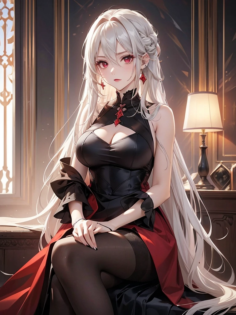 score_9_up, score_8_up, score_7_up, A detailed illustration in anime style. A young woman with long flowing white hair. An intense and seductive expression with smooth flawless skin, piercing red eyes, and a hint of red on her cheeks. She wears an elegant, form-fitting, shimmering sleeveless red and black gothic dress. The background is a castle venue, and the lighting effect with a soft gradient of light grey and white tones highlights her hair and outfit. She is sitting elegantly, with the regal expression of superiority, slim and tender, she has huge breasts, with a close-set European face.