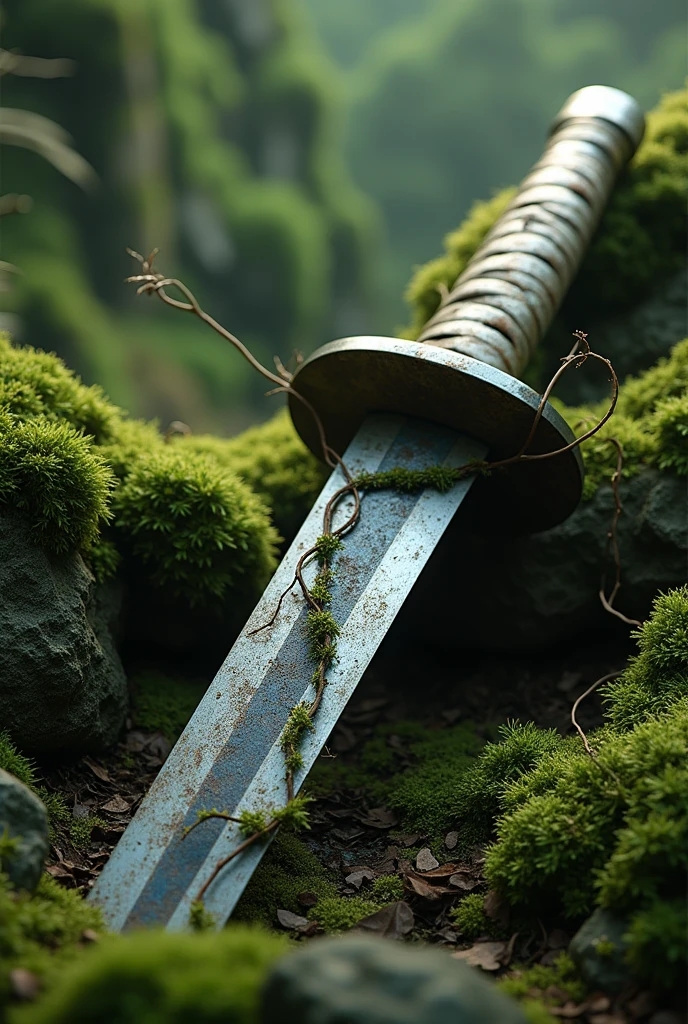 (photorealism:1.5), Katana, stuck in the ground, mossy, overgrown with vines, rusty