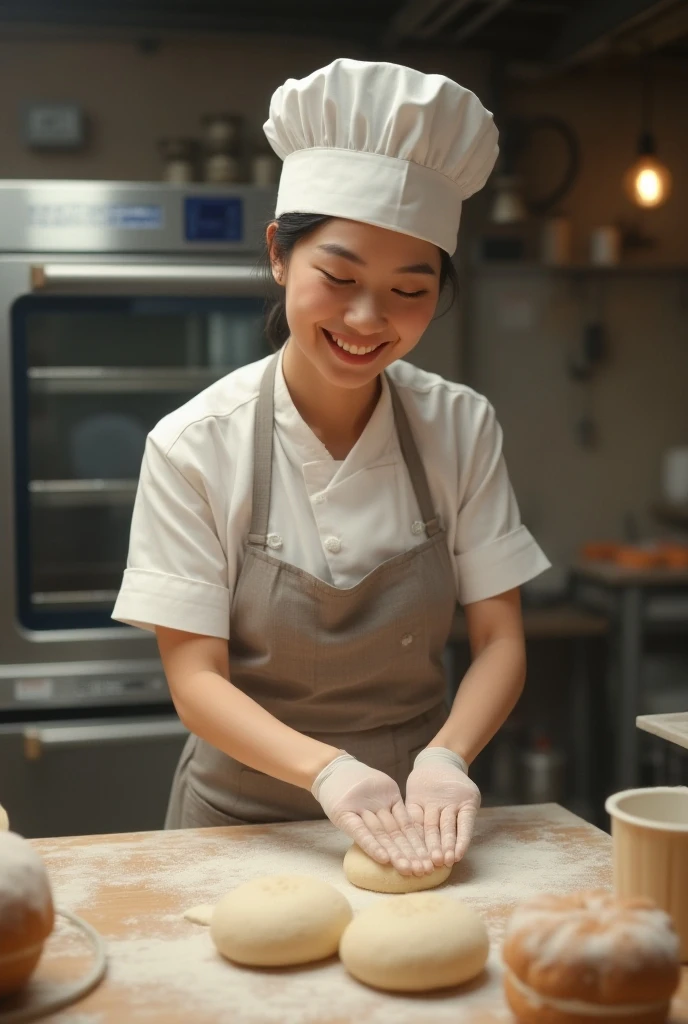 Create the realistic image with asian thai adult happy woman making dough character scene with bakery hat and suit and bg like modern oven