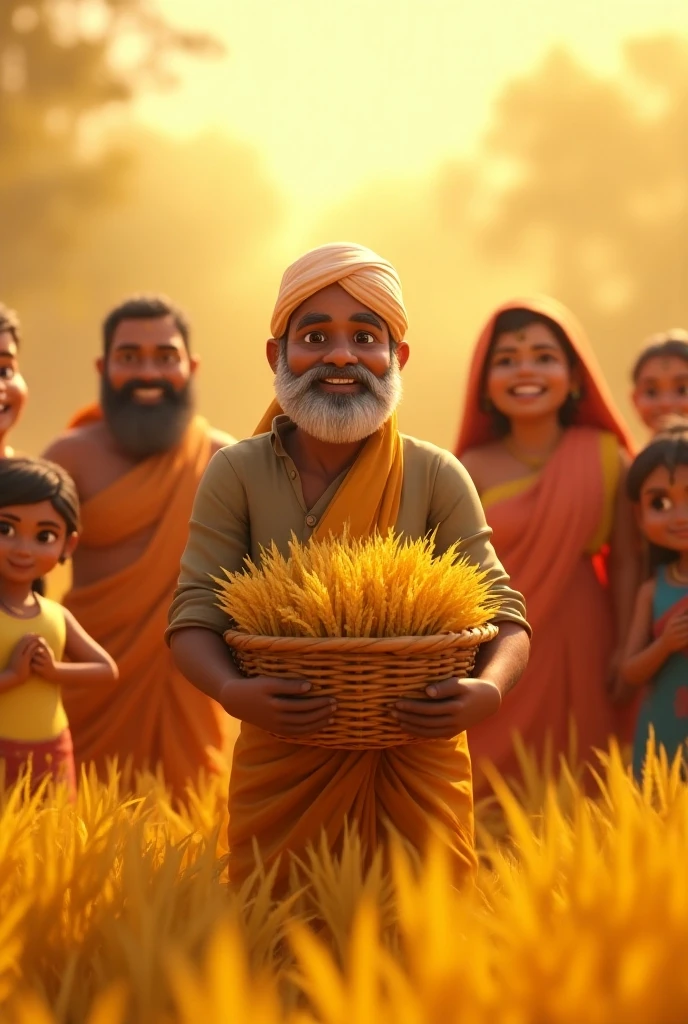 Kishan stands proudly in his field, now filled with tall, lush crops swaying in the wind. The village people gather around, admiring the bounty. Kishan smiles, realizing the true value of the seeds he planted. The scene is bright and vibrant, showcasing the abundant harvest and Kishan’s newfound wisdom."
