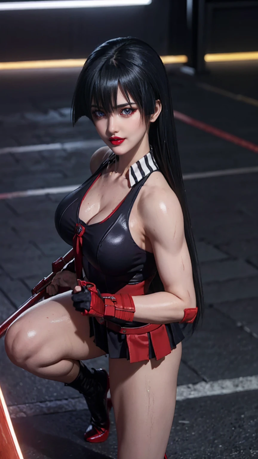 Female Samurai,(CG Mix),Full body photo,solitary,( long black hair ,Red pupils),(Giant fake breasts,Lysis,Chest groove, Radiant Skin ,Muscle Abs:1.3), ( Antique Sleeveless Black Sailor Suit ,Red tie,Black skirt,High heel)( slim figure :1.5), ( Sweaty, Plump Body:1.5),(Weapons in Hand ,Red scabbard, Red Grip Katana ), ( View Audience:1.3),( Night Streets :1), ( surrealism:1.4), ( super detailed), (high quality), ( best shadow ), (masterpiece),  Night Street Lights ,  Super Textured , (4X Multi-Anti-Aliasing), ((  Unreal Engine 5 rendering )),   Physically Based Rendering  ,  Ultra HD, 16K, 1080P.