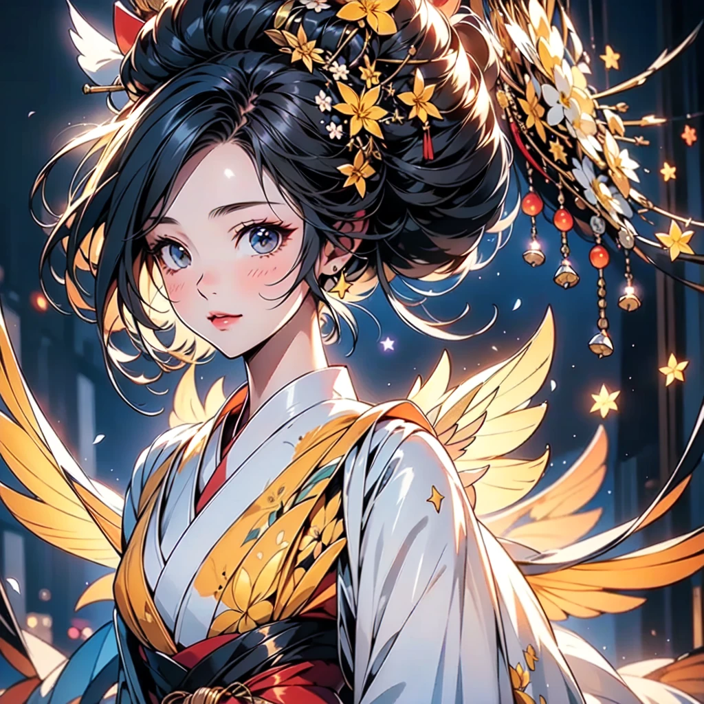 1girl,Standing directly in front of the viewer 、Symmetrical、 character sheets、(((The best composition、Best Quality、 masterpiece、Super detailed、 high definition、 perfect anatomy)))、Goth Kimono、Shoulders out、Hem with lots of frills 、Mini length、hair tied in two 、starの妖精、 translucent angel wings growing from the waist、hairpin、Red light district、Gorgeous、Handsome face、Oiran、star、流star群、yellow plumeria flower 、🌸、 black and lemon yellow kimono、white small silk hat、