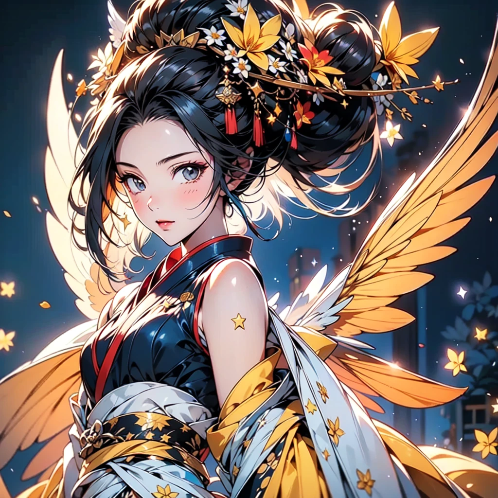 1girl,Standing directly in front of the viewer 、Symmetrical、 character sheets、(((The best composition、Best Quality、 masterpiece、Super detailed、 high definition、 perfect anatomy)))、Goth Kimono、Shoulders out、Hem with lots of frills 、Mini length、hair tied in two 、starの妖精、 translucent angel wings growing from the waist、hairpin、Red light district、Gorgeous、Handsome face、Oiran、star、流star群、yellow plumeria flower 、🌸、 black and lemon yellow kimono、white small silk hat、