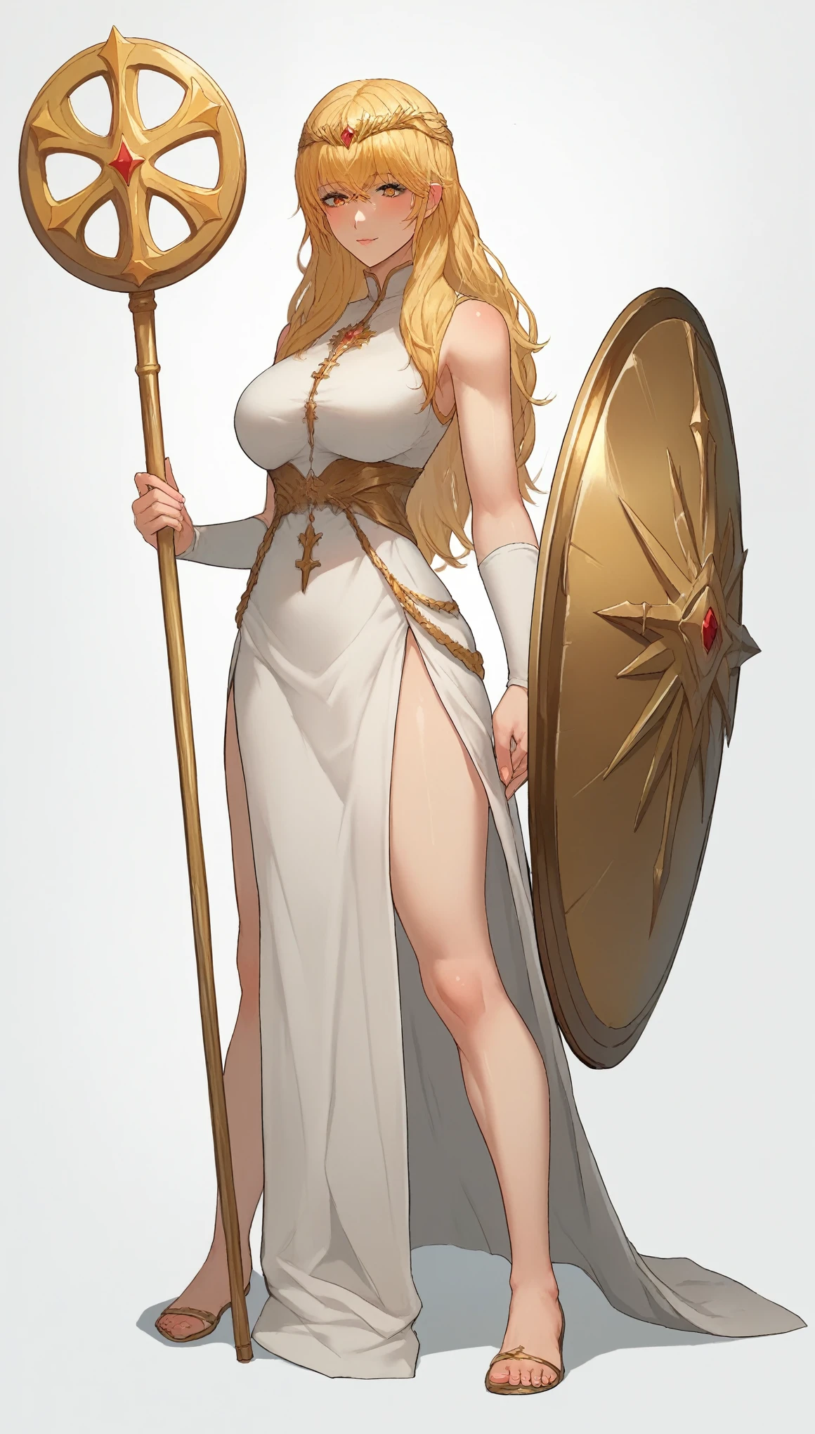 19 yo, (teen Sugar girl), (anime girl with long blonde straight smooth hair braidstrands and curtain-bangs:1.5), a saint/shield-bearer white-gold bareshoulders dress, simple golden-circlet, a priestess with amber eyes, anime moe artstyle, waifu, (mature woman with lean perfection abdomen:1.5), sweet sweet mommy's expression, blushing confident, (Droopiest Gigantic Largest), (1 arm behinds head - swaying hair), Curvy body, legs apart, (holding a Saint Staff on one hand and a Holy Shield on another hand:1.2), BREAK, simple white background, side view full body shot, (Smooth shading), subtle highlights, warm & soft pallette, polished painterly look, moe anime-style final fantasy brave exvius wars of the vision digital artstyle, character illustration style, character sheet, 2.5D, 128K UHDR Best Quallity