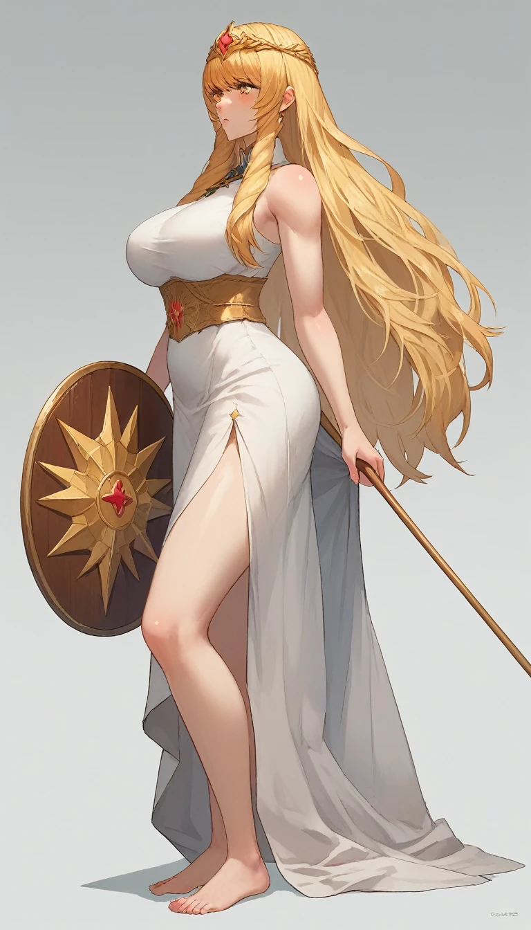 19 yo, (teen Sugar girl), (anime girl with long blonde straight smooth hair braidstrands and curtain-bangs:1.5), a saint/shield-bearer white-gold bareshoulders dress, simple golden-circlet, a priestess with amber eyes, anime moe artstyle, waifu, (mature woman with lean perfection abdomen:1.5), sweet sweet mommy's expression, blushing confident, (Droopiest Gigantic Largest), (1 arm behinds head - swaying hair), Curvy body, legs apart, (holding a Saint Staff on one hand and a Holy Shield on another hand:1.2), BREAK, simple white background, side view full body shot, (Smooth shading), subtle highlights, warm & soft pallette, polished painterly look, moe anime-style final fantasy brave exvius wars of the vision digital artstyle, character illustration style, character sheet, 2.5D, 128K UHDR Best Quallity