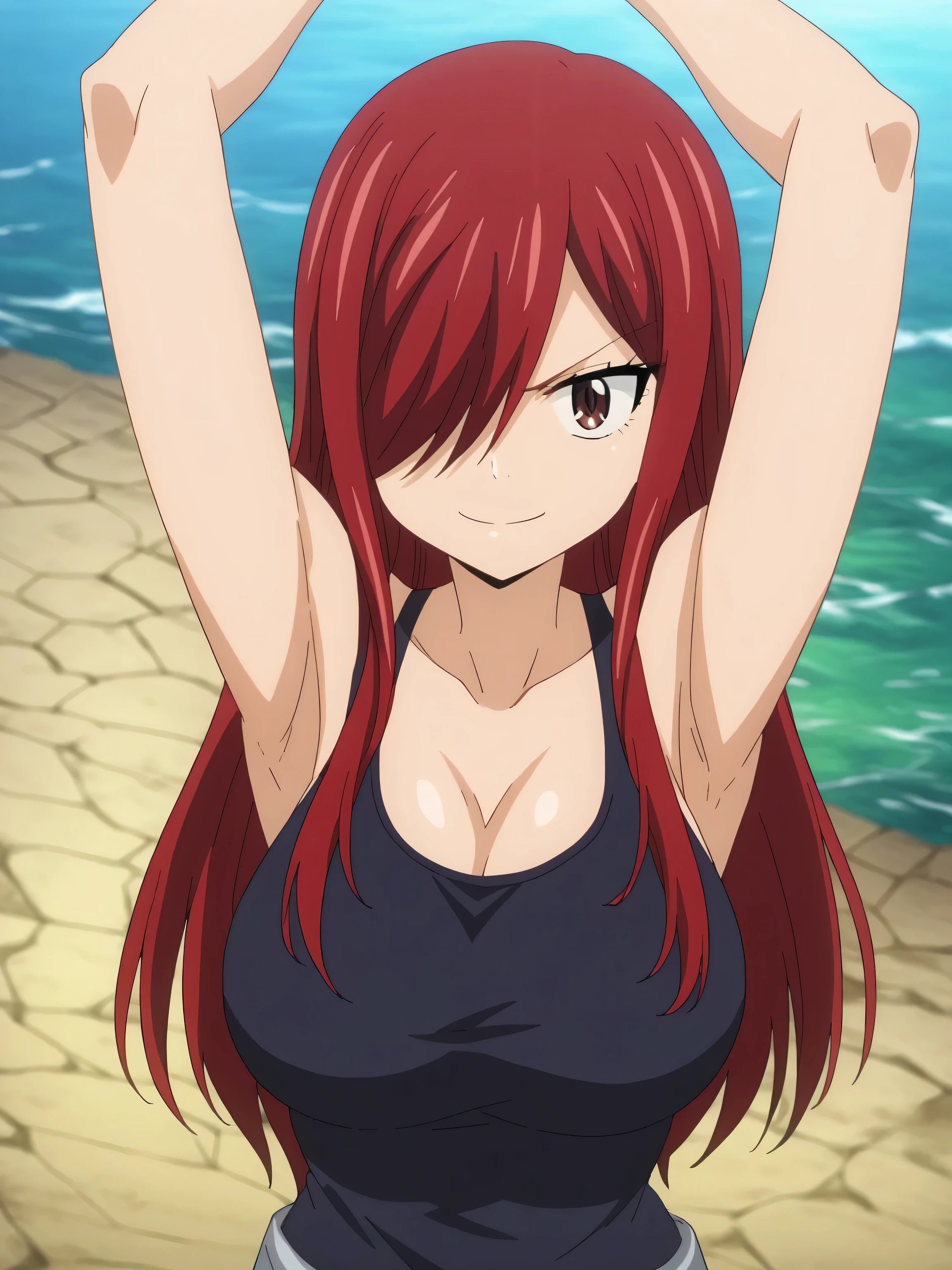 score_9, score_8_up, score_7_up, source_anime, anime screencap, 1girl, solo, erza scarlet, long hair, red hair, hair between eyes, brown eyes, large breasts, black tank top, hair over one eye, arms up, raised arms, armpits, from above, looking at viewer, smile, closed mouth, outdoors, river, badhandv4