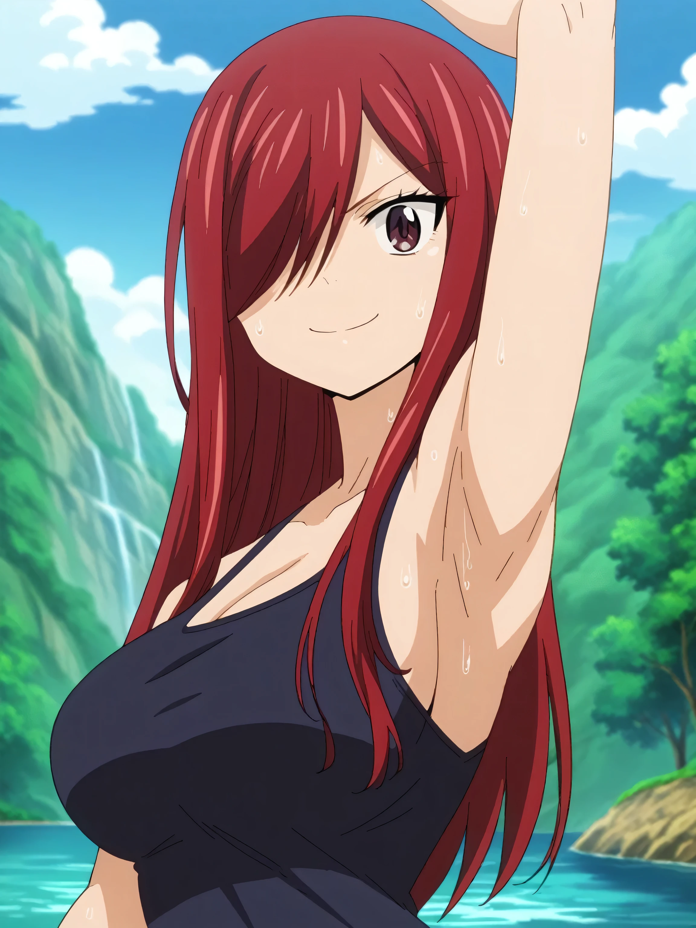 score_9, score_8_up, score_7_up, source_anime, anime screencap, 1girl, solo, erza scarlet, long hair, red hair, hair between eyes, brown eyes, large breasts, black tank top, hair over one eye, arms up, raised arms, armpits, from above, looking at viewer, smile, closed mouth, outdoors, river, badhandv4