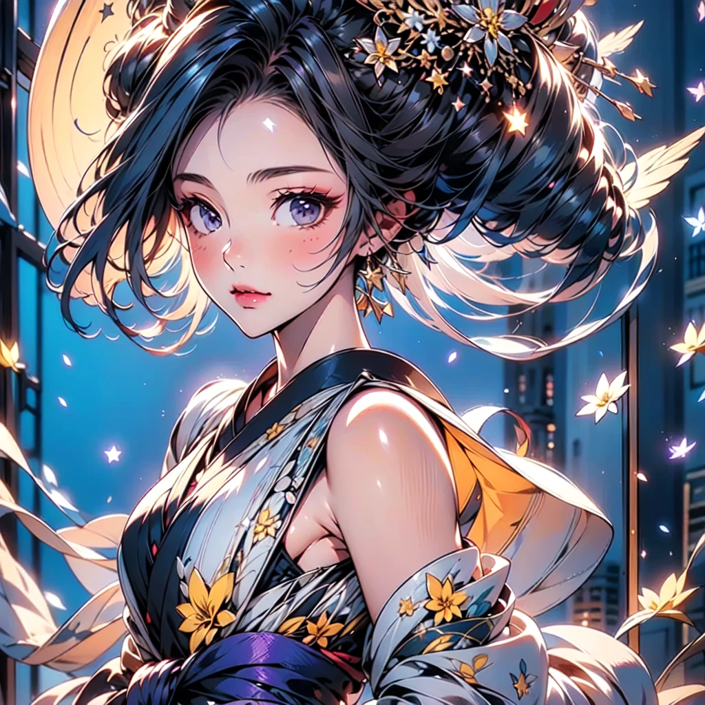 1girl,Standing directly in front of the viewer 、Symmetrical、 character sheets、(((The best composition、Best Quality、 masterpiece、Super detailed、 high definition、 perfect anatomy)))、Goth Kimono、Shoulders out、Hem with lots of frills 、Mini length、hair tied in two 、starの妖精、 translucent angel wings growing from the waist、hairpin、Red light district、Gorgeous、Handsome face、Oiran、star、流star群、yellow plumeria flower 、🌸、black and purple kimono、white small silk hat、