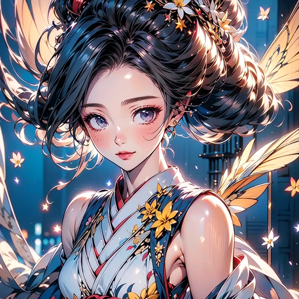 1girl,Standing directly in front of the viewer 、Symmetrical、 character sheets、(((The best composition、Best Quality、 masterpiece、Super detailed、 high definition、 perfect anatomy)))、Goth Kimono、Shoulders out、Hem with lots of frills 、Mini length、hair tied in two 、starの妖精、 translucent angel wings growing from the waist、hairpin、Red light district、Gorgeous、Handsome face、Oiran、star、流star群、yellow plumeria flower 、🌸、black and purple kimono、white small silk hat、