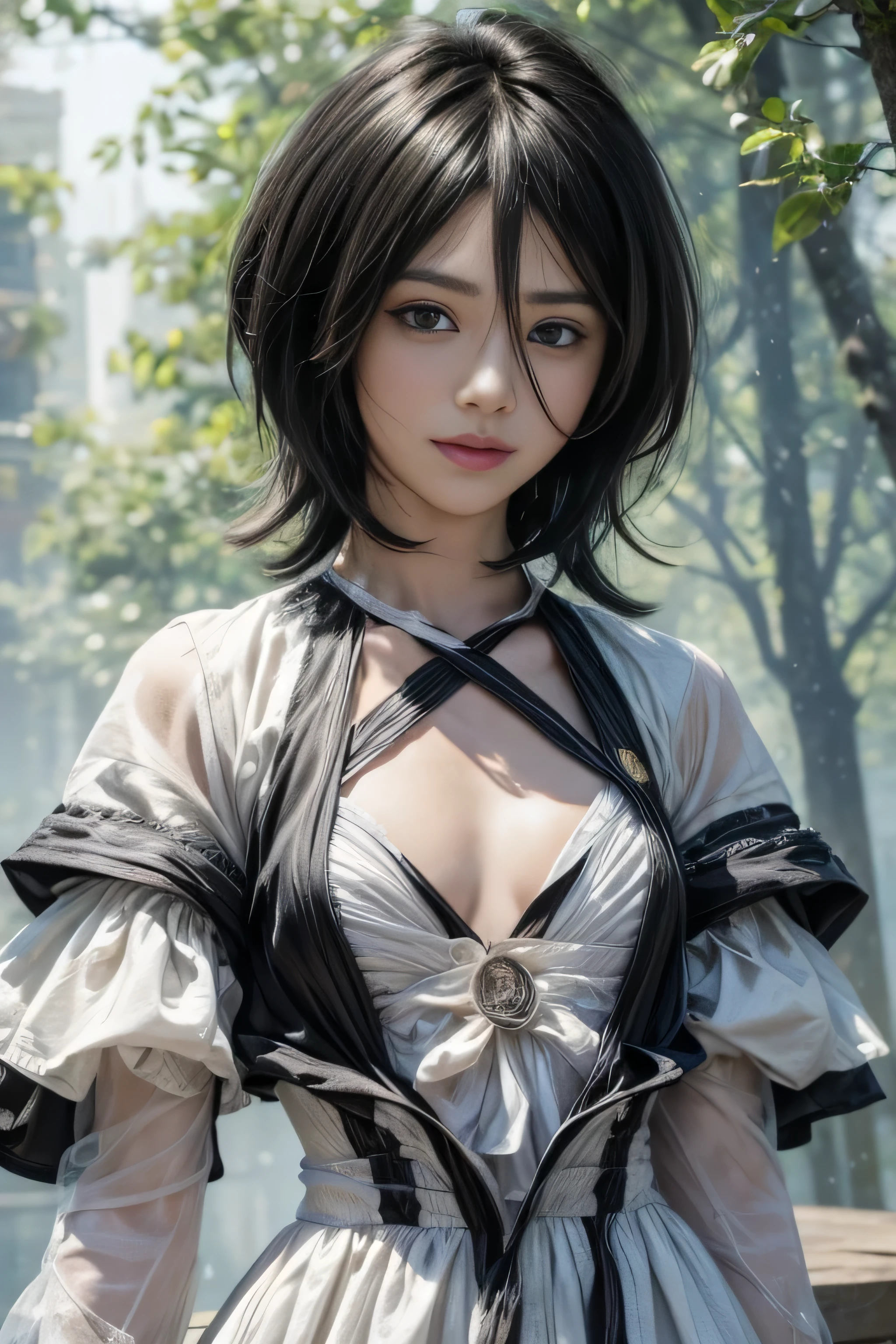 masterpiece, best quality, (realistic,photo-realistic:1.4), (RAW photo:1.2), extremely detailed CG unity 8k wallpaper, delicate and beautiful, amazing,finely detail, official art, absurdres, incredibly absurdres, huge filesize, ultra-detailed,extremely detailed eyes and face,light on face,rukia,(little smile),(black hair:1.4),(short hair:1.6),(wearing dress:1.5),(junggle background1.3)