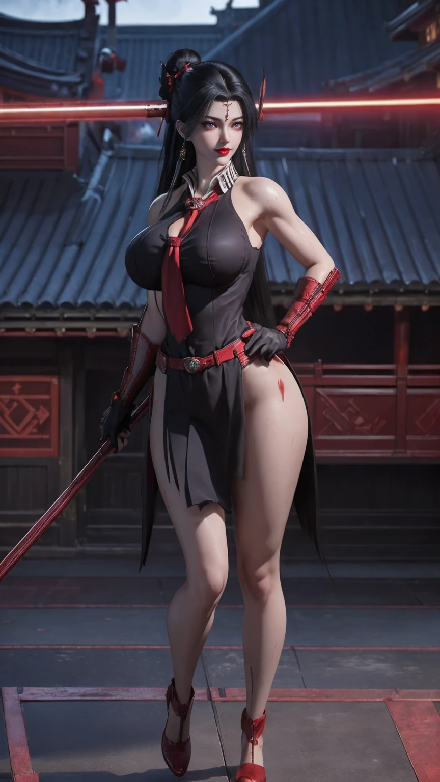 Female Samurai,(CG Mix),Full body photo,solitary,( long black hair ,Red pupils),(Giant fake breasts, Radiant Skin ,Muscle Abs:1.3), ( Antique Sleeveless Black Sailor Suit ,Red tie,Black skirt,High heel)( slim figure :1.5), ( Sweaty, Plump Body:1.5),(Weapons in Hand ,Red scabbard, Red Grip Katana ), ( View Audience:1.3),( Night Streets :1), ( surrealism:1.4), ( super detailed), (high quality), ( best shadow ), (masterpiece),  Night Street Lights ,  Super Textured , (4X Multi-Anti-Aliasing), ((  Unreal Engine 5 rendering )),   Physically Based Rendering  ,  Ultra HD, 16K, 1080P.