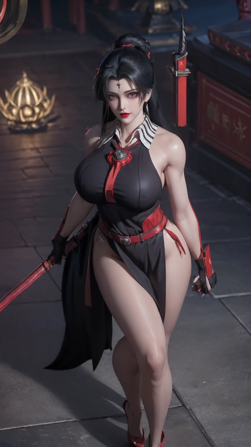 Female Samurai,(CG Mix),Full body photo,solitary,( long black hair ,Red pupils),(Giant fake breasts, Radiant Skin ,Muscle Abs:1.3), ( Antique Sleeveless Black Sailor Suit ,Red tie,Black skirt,High heel)( slim figure :1.5), ( Sweaty, Plump Body:1.5),(Weapons in Hand ,Red scabbard, Red Grip Katana ), ( View Audience:1.3),( Night Streets :1), ( surrealism:1.4), ( super detailed), (high quality), ( best shadow ), (masterpiece),  Night Street Lights ,  Super Textured , (4X Multi-Anti-Aliasing), ((  Unreal Engine 5 rendering )),   Physically Based Rendering  ,  Ultra HD, 16K, 1080P.