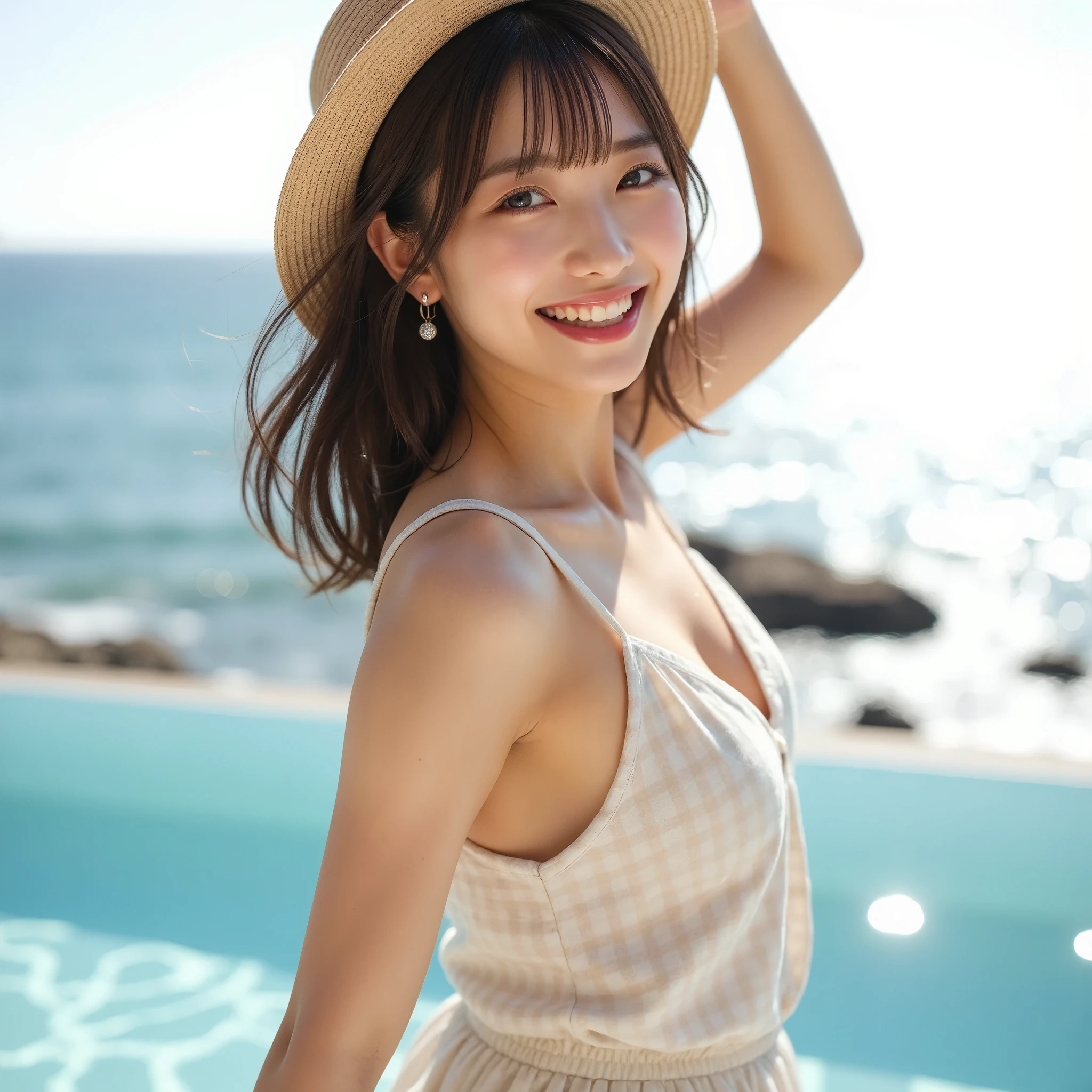 Small, off-shoulder, sky blue dress, vertical folds