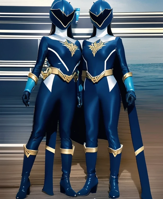 A woman sea blue black rangers, sea blue black ranger suit, as she power rangers toxic , full body , helmet mask, long hair, high detailed, realistic, gloves, ultra realistic, ((full face helmet)), black shield sunglasses on eyes, smart black sunglasses 