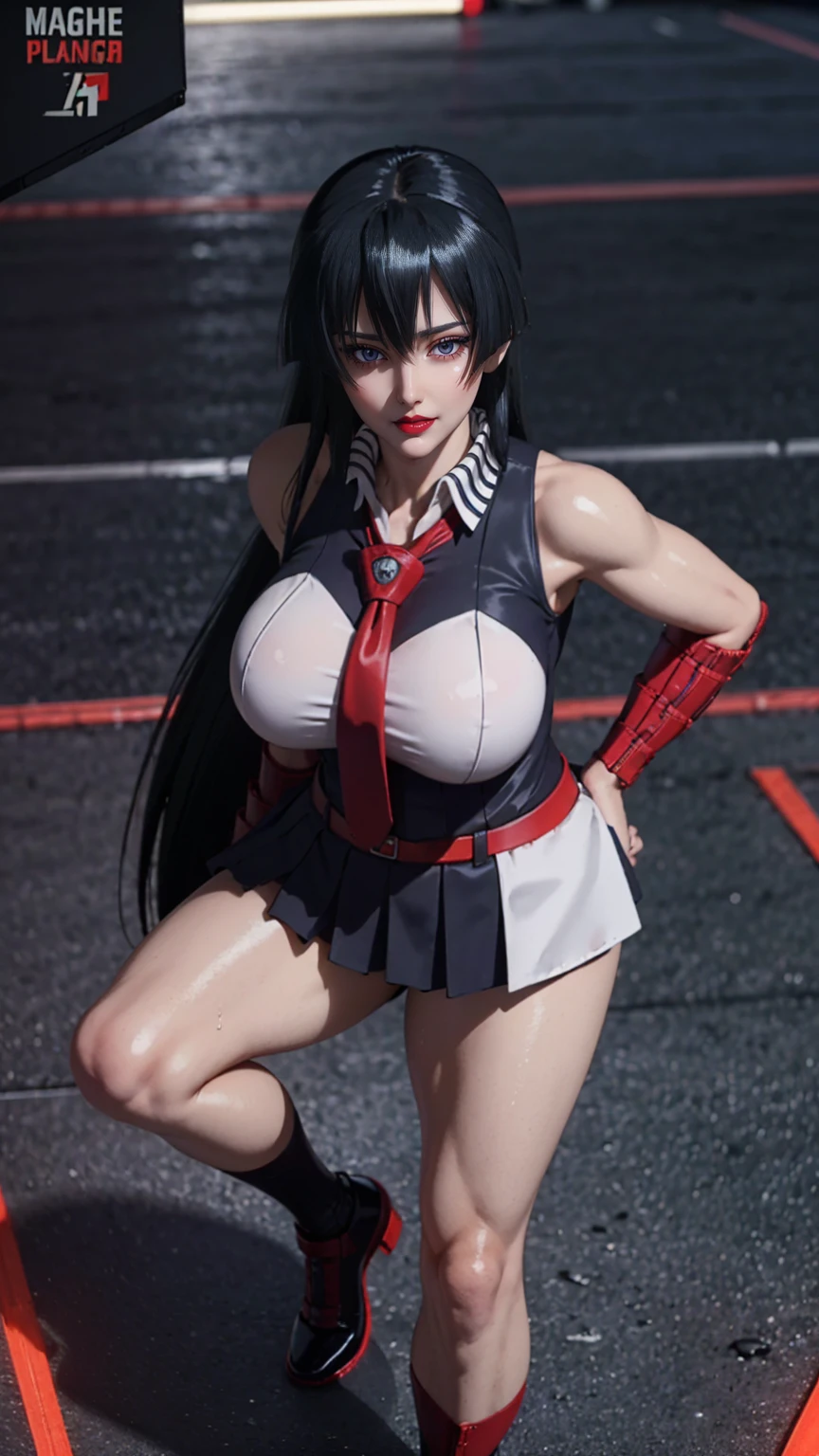 Female Samurai,(CG Mix),Full body photo,solitary,( long black hair ,Red pupils),(Giant fake breasts, Radiant Skin ,Muscle Abs:1.3), ( Antique Sleeveless Black Sailor Suit ,Red tie,Black skirt,High heel)( slim figure :1.5), ( Sweaty, Plump Body:1.5),(Weapons in Hand ,Red scabbard, Red Grip Katana ), ( View Audience:1.3),( Night Streets :1), ( surrealism:1.4), ( super detailed), (high quality), ( best shadow ), (masterpiece),  Night Street Lights ,  Super Textured , (4X Multi-Anti-Aliasing), ((  Unreal Engine 5 rendering )),   Physically Based Rendering  ,  Ultra HD, 16K, 1080P.