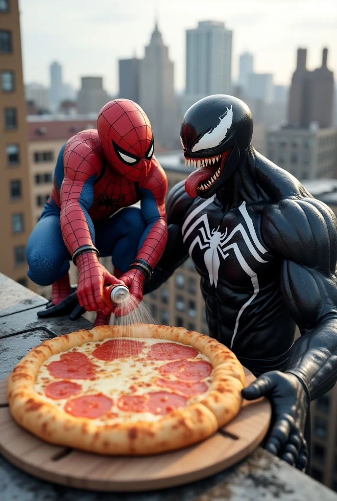 Imagine an image where Spider-Man is sitting in a restaurant, perhaps with a casual yet slightly awkward posture, with his mask partially lifted to eat. Across the table, Venom is standing or sitting, laughing hysterically at Spider-Man. Venom's expression is exaggerated, with a wide grin and perhaps even tears of laughter in his eyes. The restaurant setting is cozy, with a warm ambiance, and other patrons in the background might be glancing over, curious or amused by the scene. The focus is on the humorous contrast between Spider-Man's slightly embarrassed look and Venom's uncontrollable laughter.