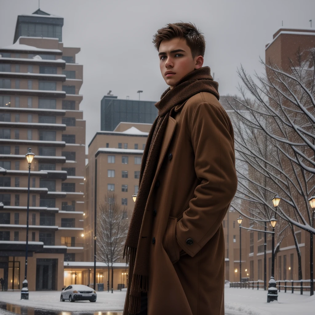 Best Quality, masterpiece, ( photorealistic:1.4),  1 boy, Alone,  short hair , Big Eyes,  brown coat,scarf,  (( upper body:1.3)),  dramatic lighting , Looking at the sky,  is standing, Outdoor, Snow、cityscape, That&#39;s right., building, Handsome guy like a Japanese model、２０Shidai 、 high resolution on down, masterpiece,  anatomically correct, Best Quality,  high detail, 8k Night Town 、