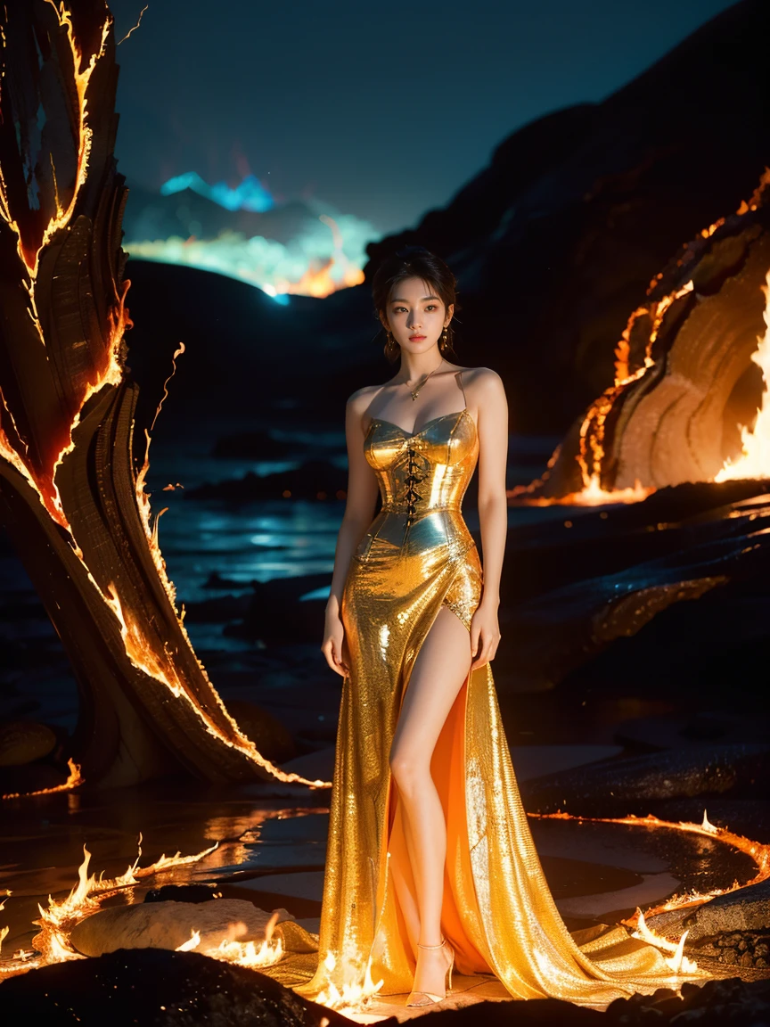 (8K, RAW photo,  is the best quality, masterpiece :1.2),( actual , photo-realistic:1.37), 1 Girl,Long Legs, Full body nymphomaniac,(Lava:1.3),{{ocean}},Dress made of roses，Volcanic Eruption，Magma flow，Infrared photography, 1.4 times more realism， Ultra HD， Textured Skin ，(Anatomically correct， Accurate and perfect Korean female face ， golden ratio )(8K, RAW photo,  is the best quality, masterpiece :1.2),( actual , photo-realistic:1.37), 1 Girl,Long Legs, Full body nymphomaniac,(Lava:1.3),{{ocean}},Dress made of roses，Volcanic Eruption，Magma flow，Infrared photography, 1.4 times more realism， Ultra HD，Texture removal correct， Accurate and perfect Korean female face ， golden ratio ) An Araf woman with a full chest in a flame corset and flame dress 、 standing in front of a building, wearing an Gorgeous outfit, Gorgeous dress, Complex dress,  Elegant flame corset , Gorgeous and elegant, Luxury dress,  beautiful detailed face , Gorgeous attire, Complex clothing, Gorgeous royal gown, Gorgeous clothing, Gorgeous gown, Exquisite and elegant,   intricately detailed dress  , Gorgeous , Royal dress, Detailed hands, Detailed fingers, Fire in the body ,  Fire on the dress , Fire element ,  masterpiece ,  is the best quality:1.2),,(8K, high res,RAW photo, actual ,photo- actual :1.3),( Detailed Skin Care , delicate fabric texture , Detailed flame texture ,  Beautiful detailed face:1.25),Professional lighting,Photon Mapping, beautiful soft and lightweight ,Radiosity, Physically Based Rendering , ray tracing,  model shooting style ,  model shooting style , (extremely detailed CG unity 8K wallpaper), full body shots of the world's most beautiful artworks,