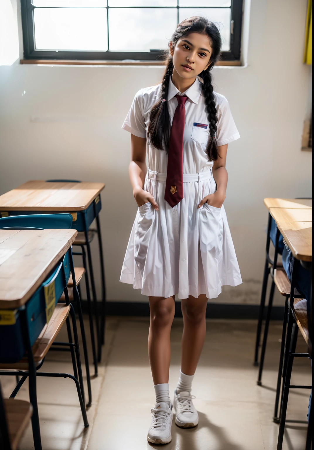 a school girl in srilanka, putting hands in pockets, in a classroom, wearing a white frock with pockets, white shoes and socks, long red tie, full body, detailed face, beautiful eyes, delicate facial features, cinematic lighting, photorealistic, 8k, highly detailed, masterpiece