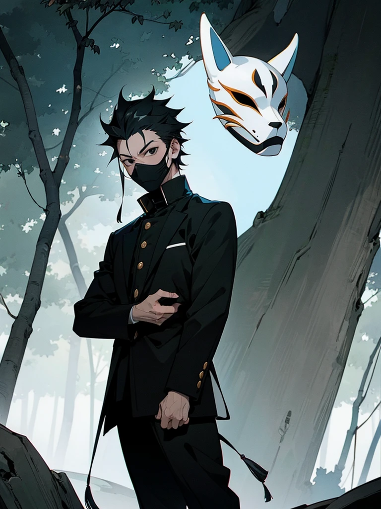 1male , Black Hair , Black Eyes , Serious Expression,  Male , Black Longsleeve Shirt, Fitted Clothing , Black Turtleneck , Bright Lightning , Forest Background , Standing on path , Mask , Mask Worn on Face, black Gakuran Outfit 