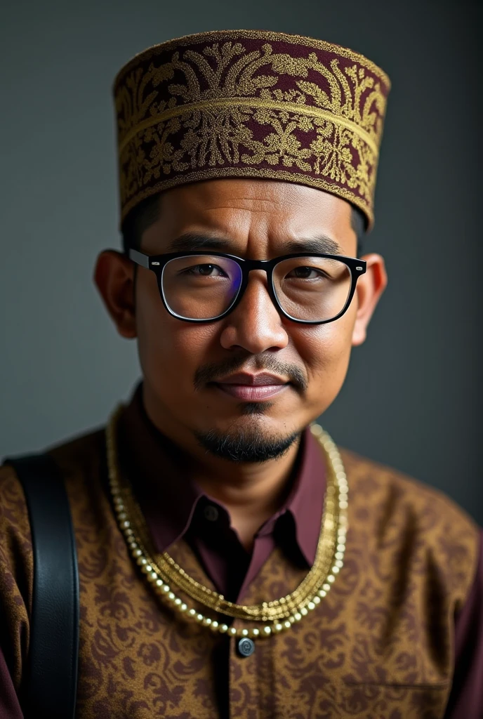 An Indonesian man uses glasses and blankon,photo portrait,photo studio,highly detested,