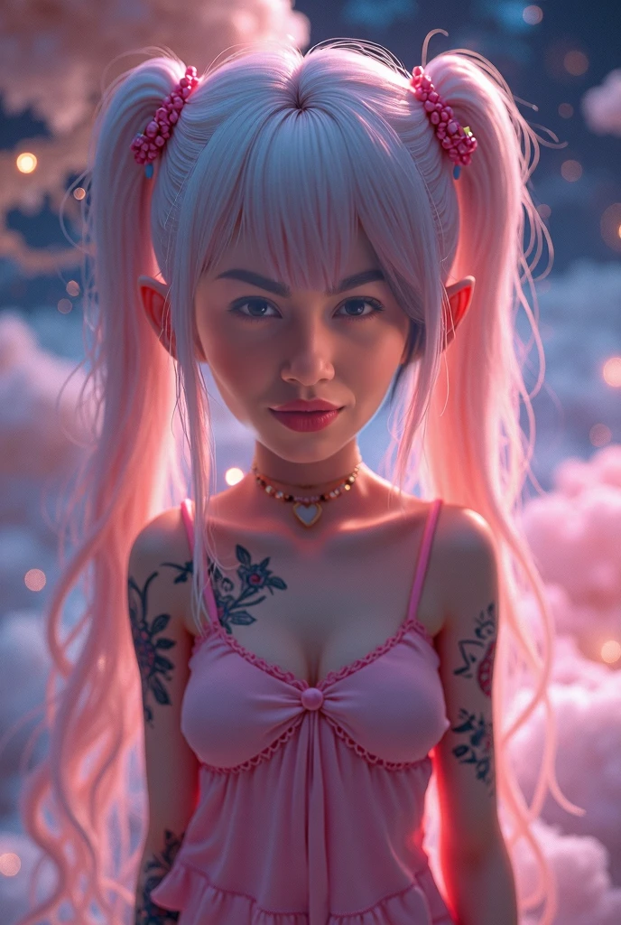 succubus, full body, hair bobbles, wince, solid circle eyes, light smile, ear blush, fang, pink hair, double bun, hair flower, horns, mole under eye, makeup, Surrealism, drop shadow, anaglyph, stereogram, tachi-e, super detail, ccurate, best quality, girl, very sexy, (boot: 1.3), (chest: 1.3), light skin, realistic skin, few scratches, looking at the viewer, detailed face, detailed hands, detailed legs, detailed fingers, detailed hair, detailed eyes, detailed skin, dynamic lighting,