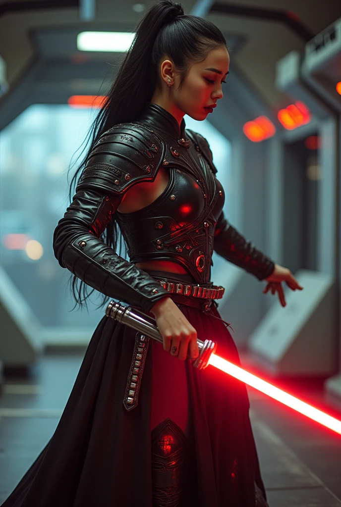 cute woman, Samurai armor, high tech, role of sexy darth vader wielding a red lightsaber katana. Battle stance lit by blade. Sci fi spaceship interior, highly stylized armor
