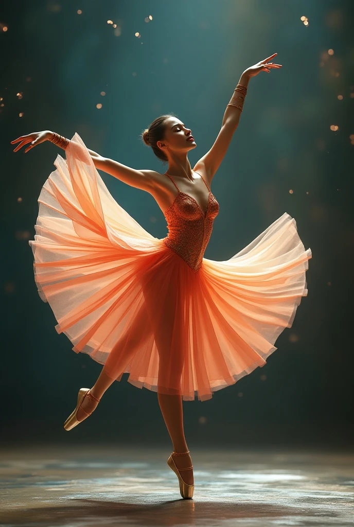 **Captivating and beautiful ballet dancer, her dress vibrant and painted in bright colors, in each movement she releases white, gray, yellow and sky blue paint, creating a unique and unrepeatable symphony, very visual and dynamic on a textured background**