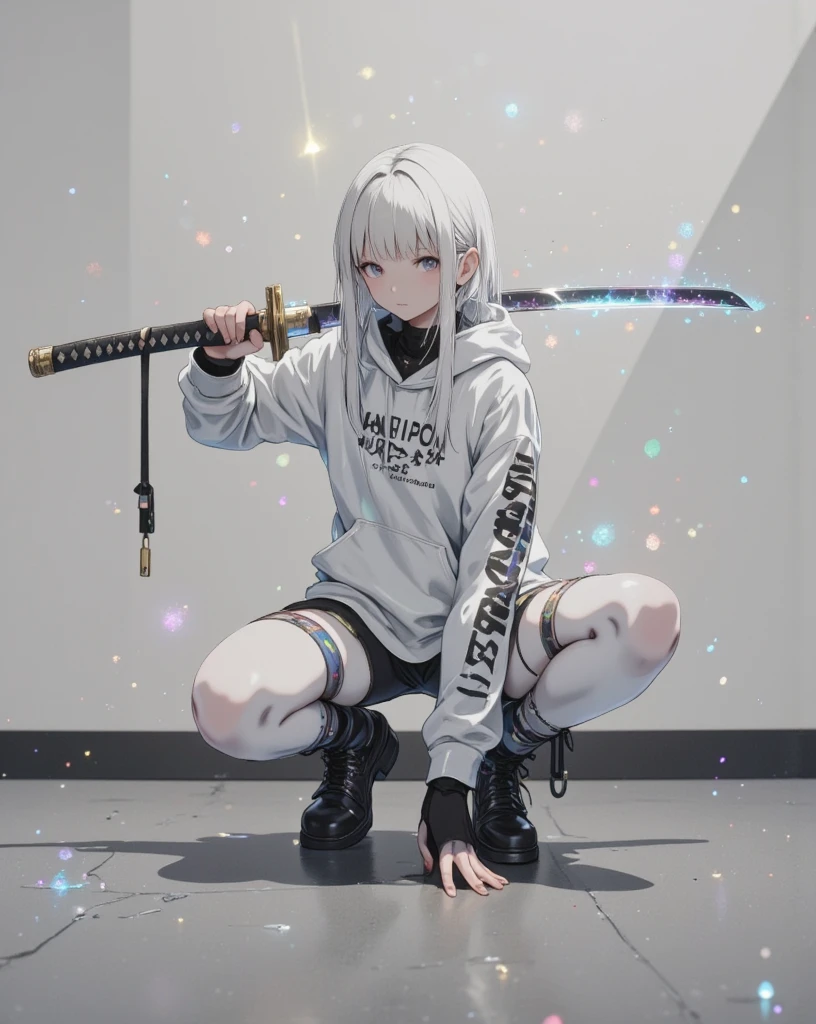 1girl,solo,close up,white hair, long hair,armed,holding 1 japanese katana sword, glow sword,glowing,illusion light,bright,photon mapping,global illumination, translucent,volumetric light, energy burst,heels, white hoodie, short pants, tights, look st viewer ,squatting, holding sword on shoulder, 