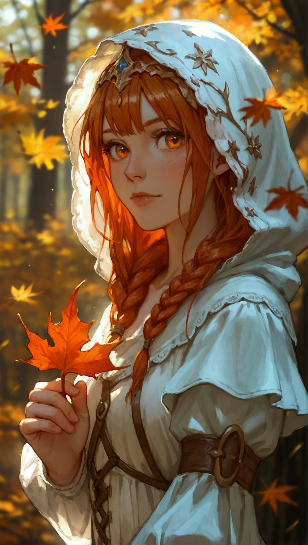 score_9, score_8_up, score_7_up, (masterpiece, UHD, 8K, 16K, ultra detailed), sfw, upperbody shot, 1girl, elf, orange eyes, one side braided hair, ginger hair, holding a red leaf, white dress with hood, intricate details, (murmuring leaves), (wind:1.2), (medieval fantasy), autumn forest background, (depth of field), bokeh, diffused light, dramatic ambient