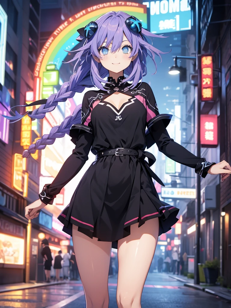 Masterpiece picture quality，Rainbow，Urban girl，ssmile，number art，style of anime，Retro anime girl，Punk girl，in an anime style，dual horsetail，Trendy，neonlight，depth of fields, Desde arriba, vestido largo ajustado de gala con apertura lateral hasta los tobillos,  imagen con muchos colores