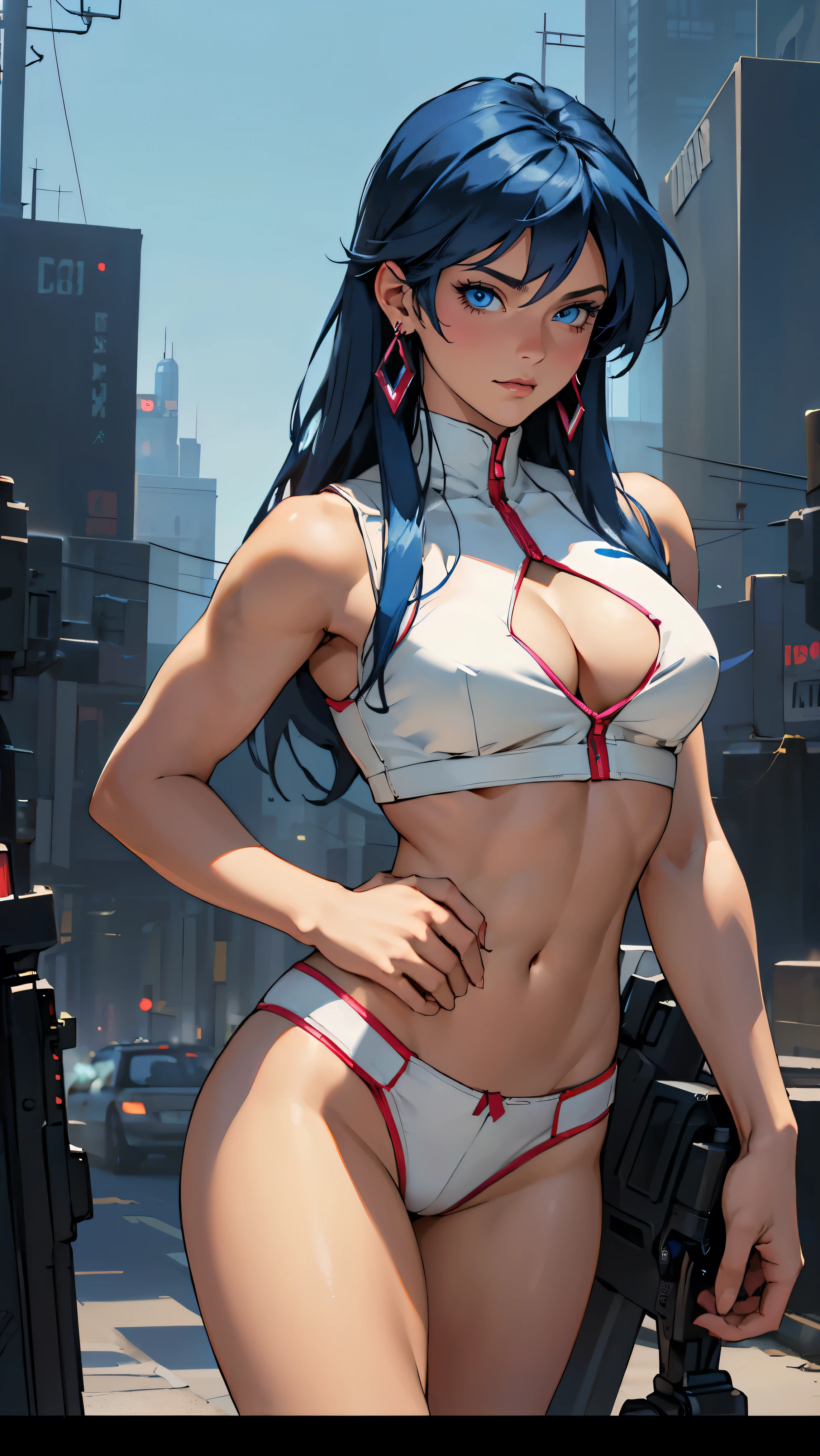 ((Masterpiece, highest quality; 1.3)), super quality, beautiful detail, super detailed, extra fine, 16K, exquisite, absurd, high resolution, beautiful background, detailed background, beautiful eyes, beautiful skin, anime style, dirtypairyuri, Dirty Pair Yuri in a skimpy white outfit, long blue hair, blue eyes, earrings, white uniform, white crop top, cutout, sleeveless, wearing tight clothing, skimpy, (breasts: 1.2), cleavage, cleavage, , obliques, fit arms, slim waist, ((wide hips)), fit thighs, (thigh gap), showing stomach, (skinny frame), wide hips, cyberpunk city background, holding a retro space gun