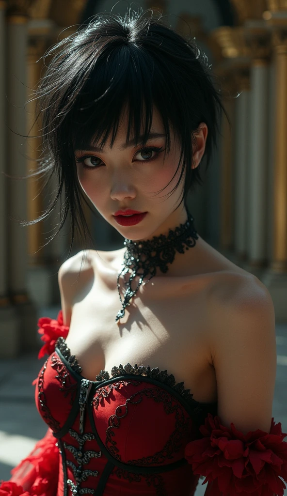 nsfw、(high quality: 1.3), Cinematic shots, masterpiece, (Sharp focus: 1.5), (Realistic: 1.3), Medium size portrait ((Big Breasts)) (Beautiful young vampire woman, Pale skin, Gothic, Red wine still proud、Brave, Straight black short bob hair, Dark look, Detailed lace design、Wearing very elaborate dark lingerie, Dark atmosphere, Sculpting shapes with chiaroscuro), night, (Very detailed肌), (Detailed face), Detailed Background, Dim lighting, dusk lighting, Volumetric lighting, Intricate details, Ultra-high resolution,Very beautiful woman、Slender women、(Detailed face)、Realistic Skin、((Delicate photo)),(少女masterpieceRAW写真詳細:1.25), (最high quality:1.6), (Ultra-high resolution:1.5), (Realistic:1.75),8k resolution, ,50mm,Absurd, Very detailed,Cinema Lighting、