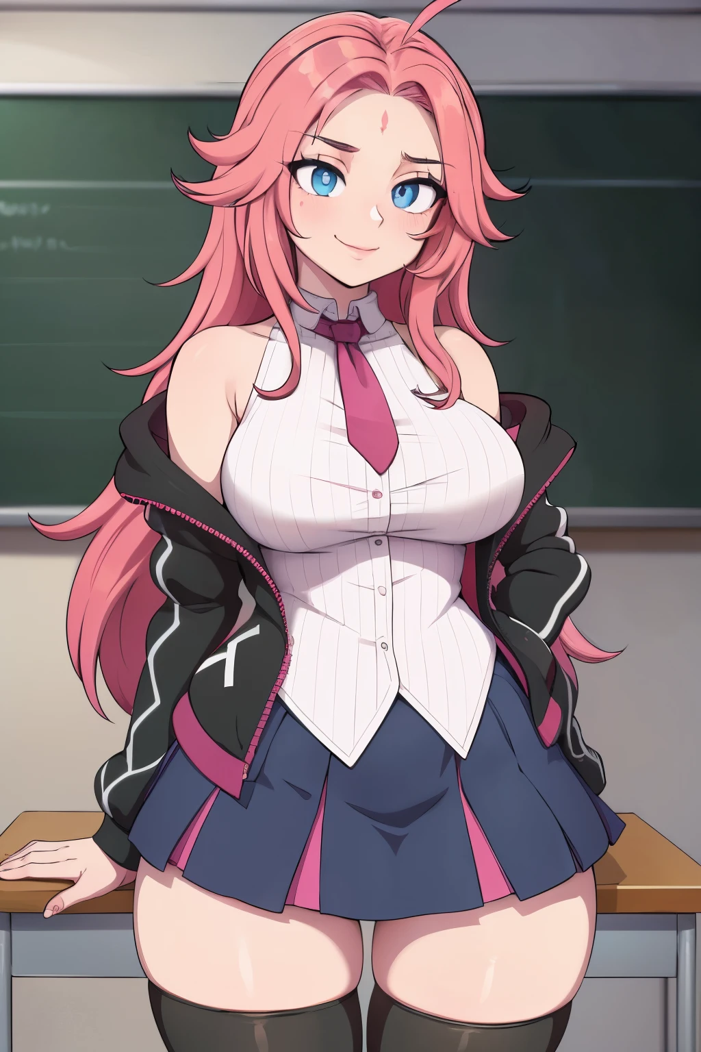 masterpiece, best quality, ultra-detailed, illustration, colorful, flat color, depth of field, 1girl, katarina, anime, standing, pink hair, messy hair, blue eyes, looking at viewer, school, classroom, facial mark, academiaKat, white shirt, necktie, bare shoulders, black jacket, black skirt, thighhighs, detailed skin texture, detailed cloth texture, beautiful detailed face, large breasts, blush, seductive smile