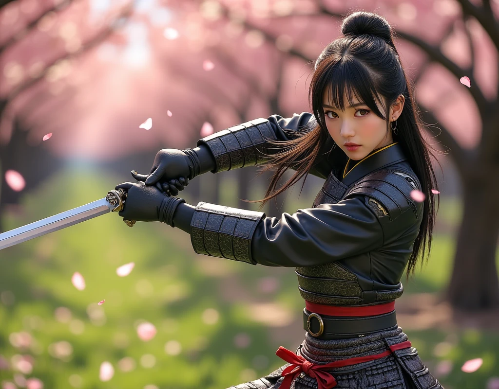 cute woman, role of a sexy samurai, s fighting poses showing off her katana. orchard with falling cherry blossoms