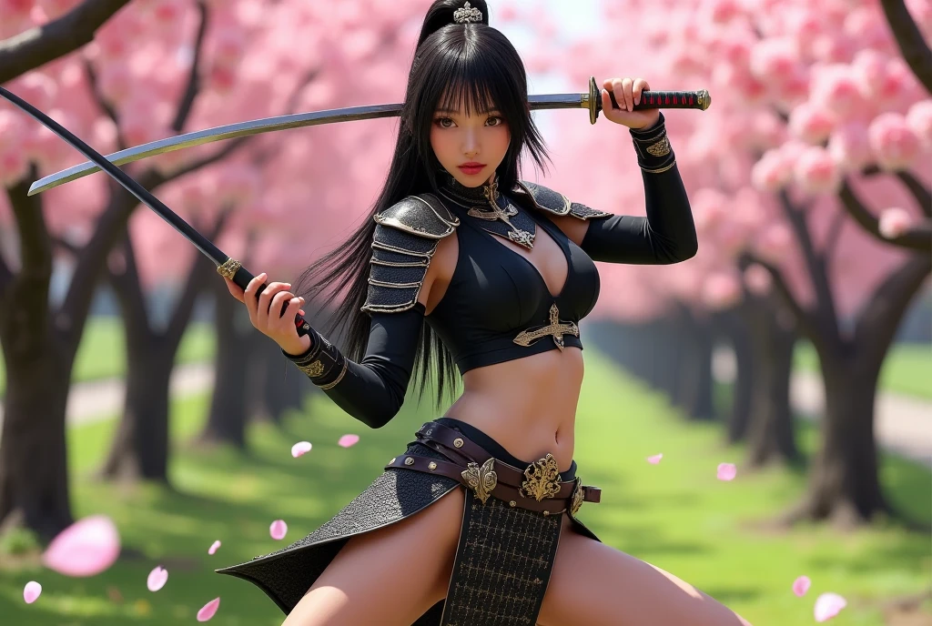 cute woman, role of a sexy samurai, s fighting poses showing off her katana. orchard with falling cherry blossoms
