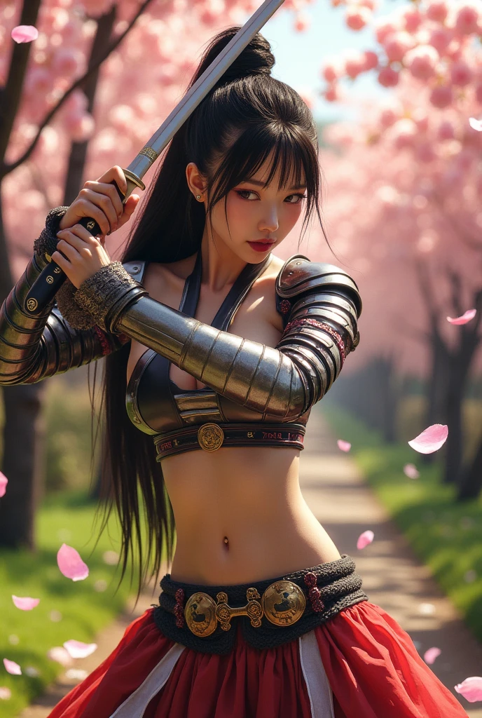 cute woman, role of a sexy samurai, s fighting poses showing off her katana. orchard with falling cherry blossoms
