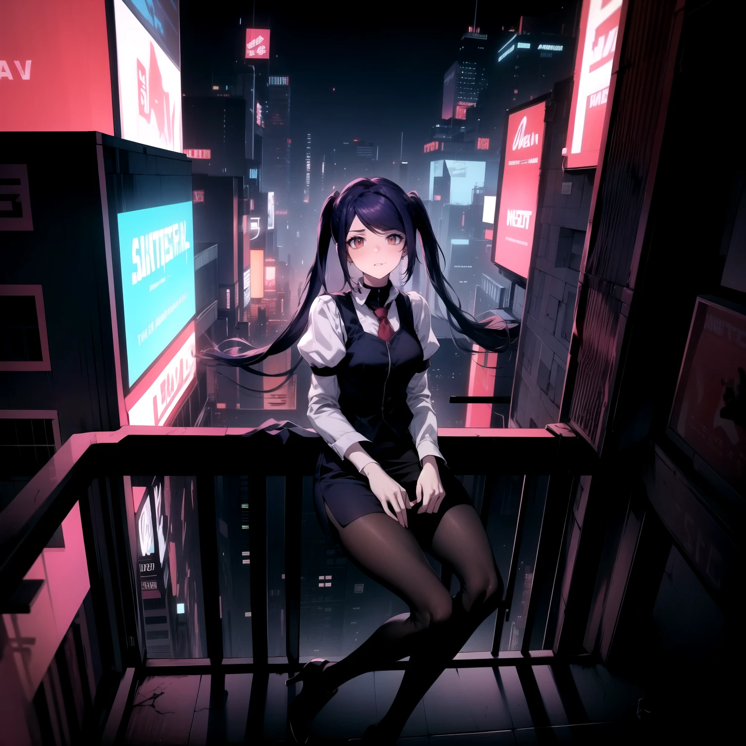 (Masterpiece), Va-11 hall-a, defJill, twintails, turtleneck, collared shirt, long sleeves, red necktie, vest, black skirt, pantyhose, Full body SHOT, (Solo), (sitting on top of a rectangular neon billboard standing on top of a rooftop overlooking the neon city), (Night), (Far Away Camera Shot), cyberpunk art style, digital cyberpunk anime art, cyberpunk horror style, dark cyberpunk art style, neon,