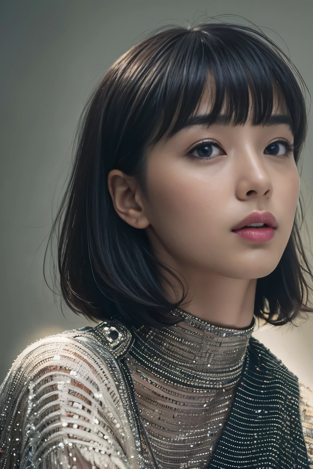 best quality, photorealistic, 8k, high res, 1girl, woman, (skindentation),  (professional lighting), (portrait:0.6), (blue turtleneck sweater, sleeveless), gorgeous, (short black hair:1), ((looking at viewer:1.5)), photorealistic, (bokeh), (dynamic pose:1.2), intense lighting to face area, lips, (teeth:1.3), smile,
