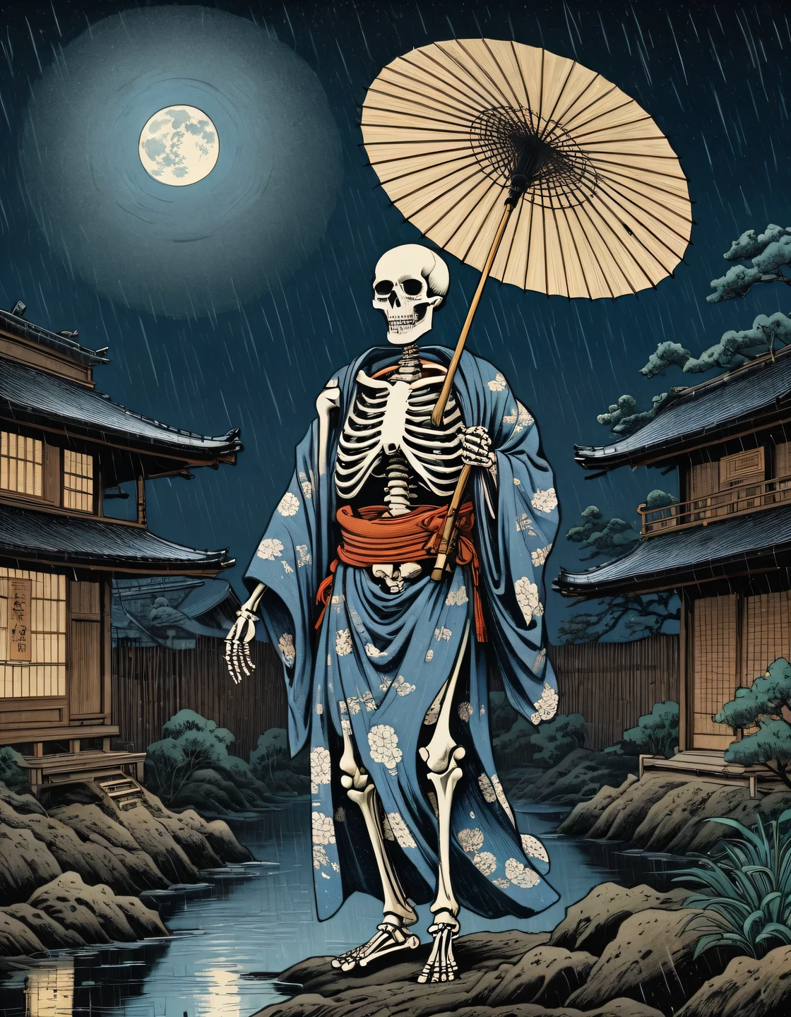 japanese line art , a samurai( tied up to a wooden steak with several arrows stuck in him,:1.2) lower body missing visible skeletal structure , ripped rags, rope and bloody ground, black skies and large moon , floral damask background , in the style of takato yamamoto、masterpiece,best quality,absurdres,high details,8K,photorealistic,at distance,cowboy shot,1girl,amaizing body,long hair,makeup,outstretched arms,full body front photo,symmetrical pose,necromancer,bones ornament,graveyard,skeletons come out of the ground,creature,ancient,dark,evil,intricate, elegant, highly detailed, symmetry, magical atmosphere, sharp focus, majestic, very coherent, radiant, advanced, cinematic, artistic, fine detail, winning, beautiful, stunning, dramatic light, designed, rich deep colors, perfect professional background, ambient, tailored set composition